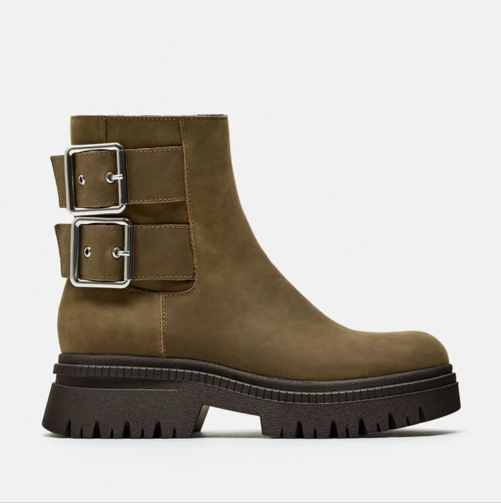 ZARA LOW HEELED LEATHER ANKLE BOOTS WITH BUCKLES